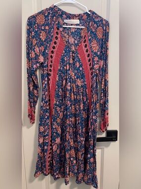 Natalie Martin Blue Floral Long Sleeve Dress with Pink Trim